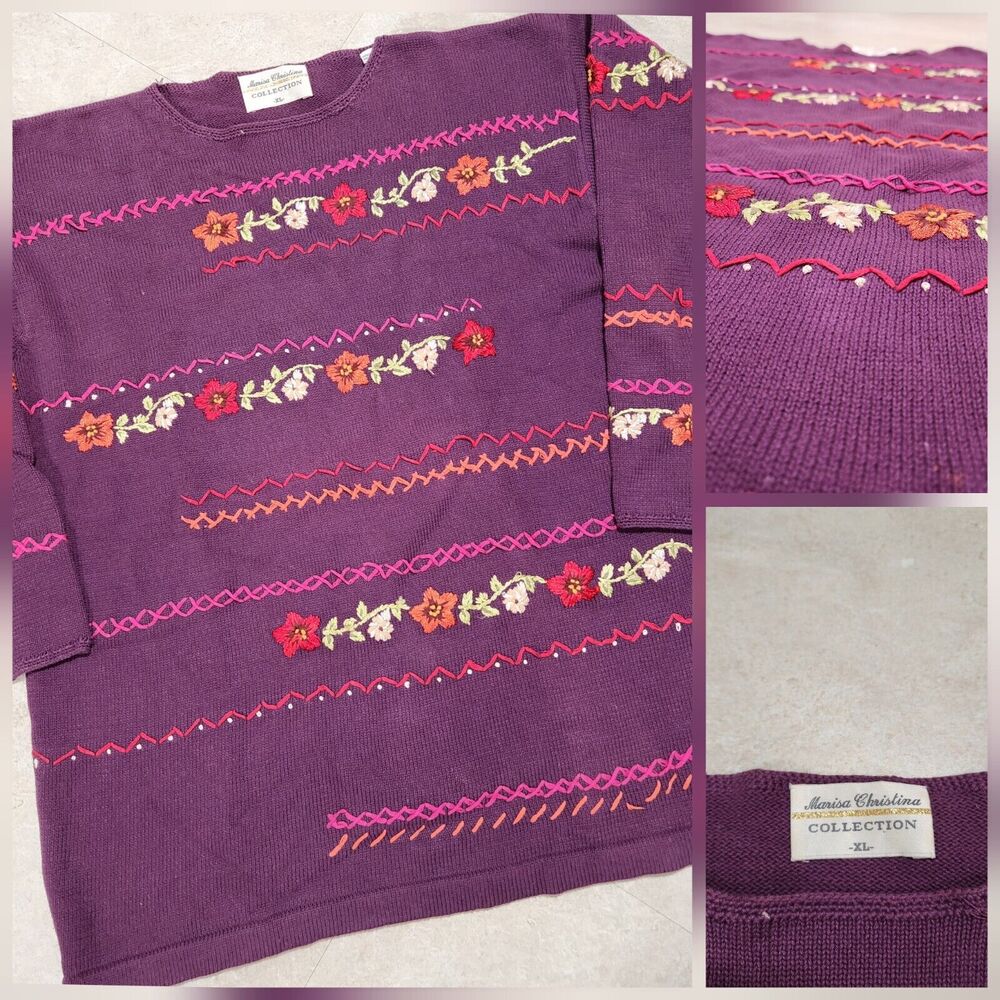 VTG Marisa Christina Womens XL Purple Floral Cotton Knit 3D Crewneck Sweater